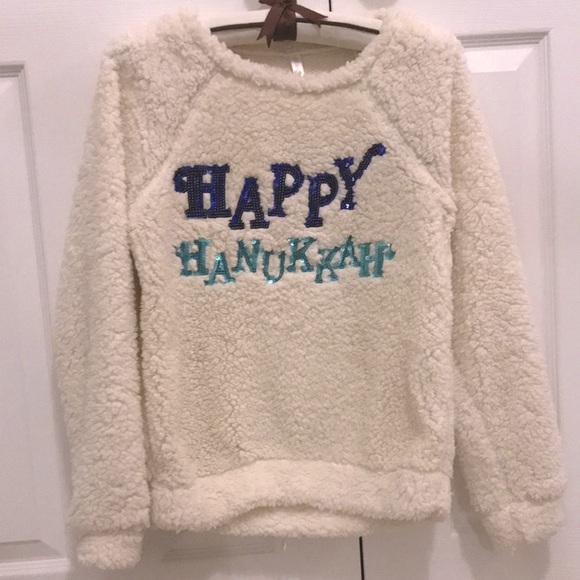 Xhilaration Happy Hanukkah Sweater Soft Fluffy Light Ivory Blue Sequins Size S - Picture 1 of 1